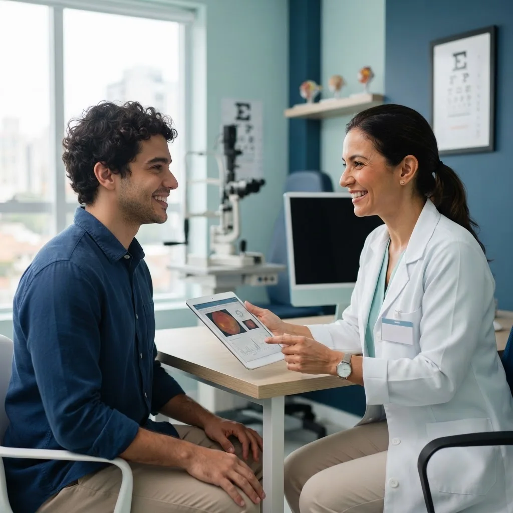 Médica conversando com paciente em consulta de revisão