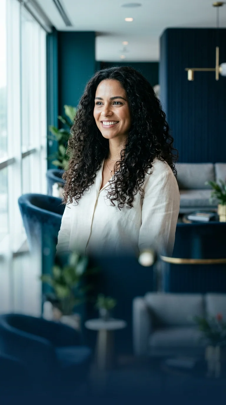 Mulher sorrindo com a visão nítida, sem óculos