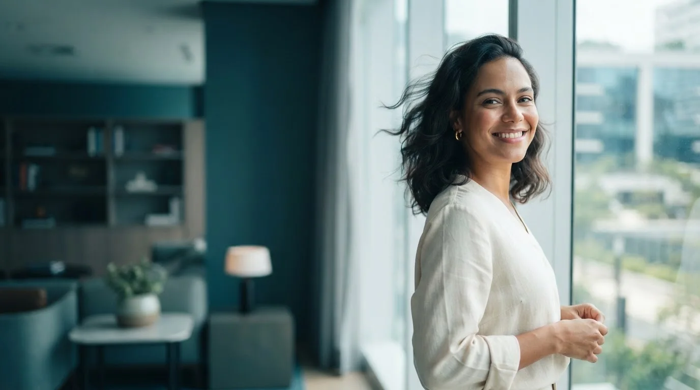 Mulher sorrindo com a visão nítida, sem óculos