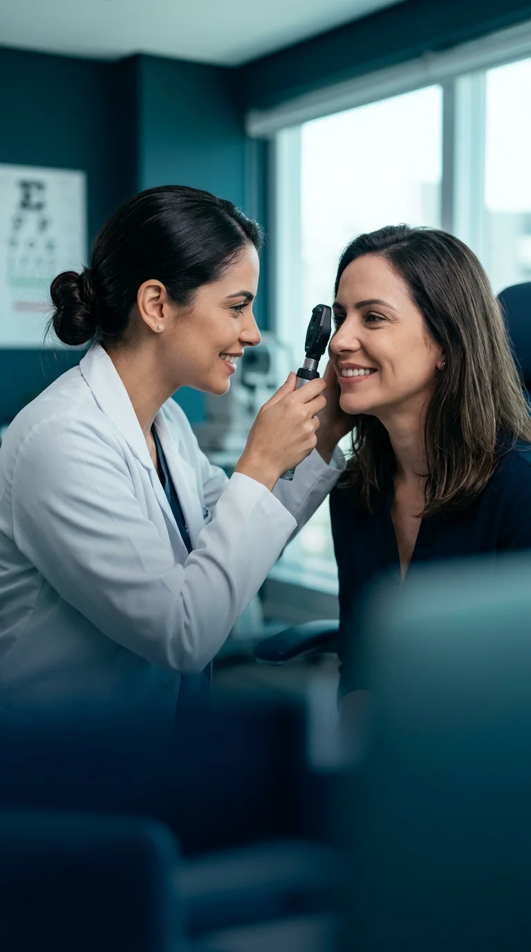 Oftalmologista examinando os olhos de uma paciente