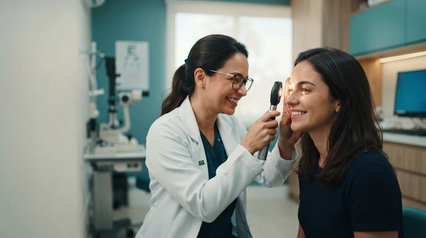 Oftalmologista examinando os olhos de uma paciente em consultório moderno