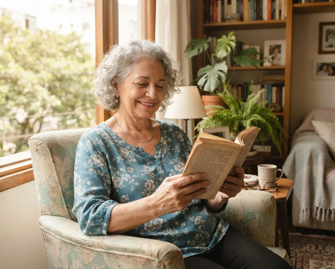 Senhora lendo um livro em casa